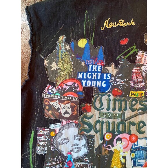 Jane Elissa unique cut off sleeves Patch vest black denim jacket size xl - Picture 5 of 12